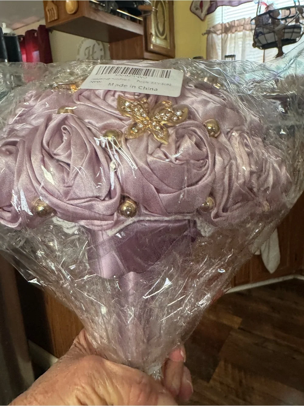 Satin Rose and Crystal Bridal Bouquet in Lavender by